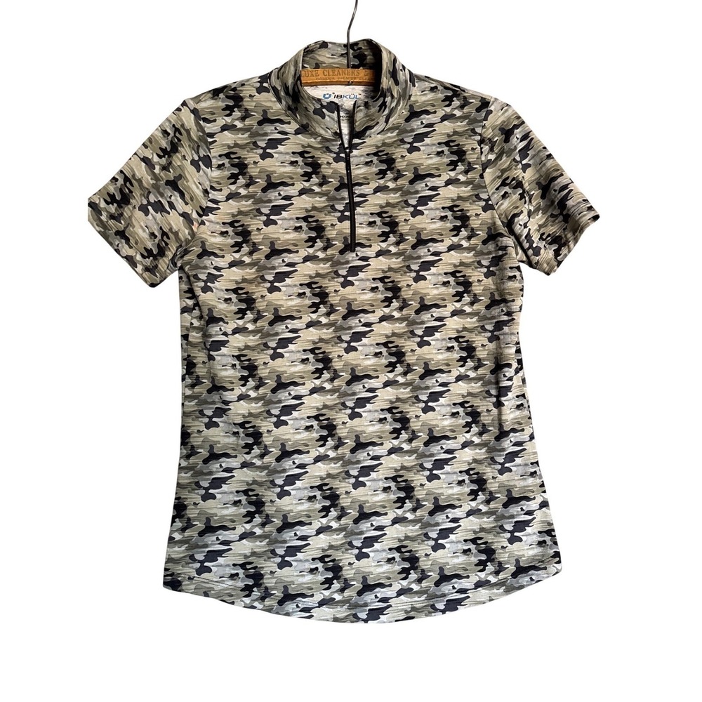 IBKUL Womens Small 1/4 Zip Short Sleeve Golf Top Camo design‎ Resort trails walk